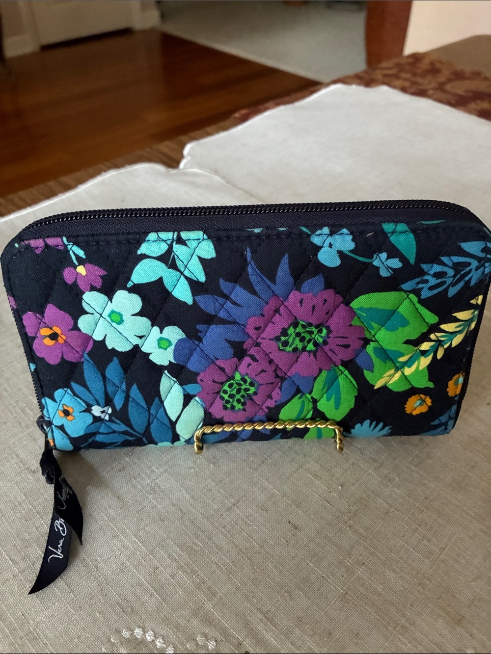 Vera Bradley  Floral Quilted Zip-Around Wallet with Teal & Purple Accents EUC